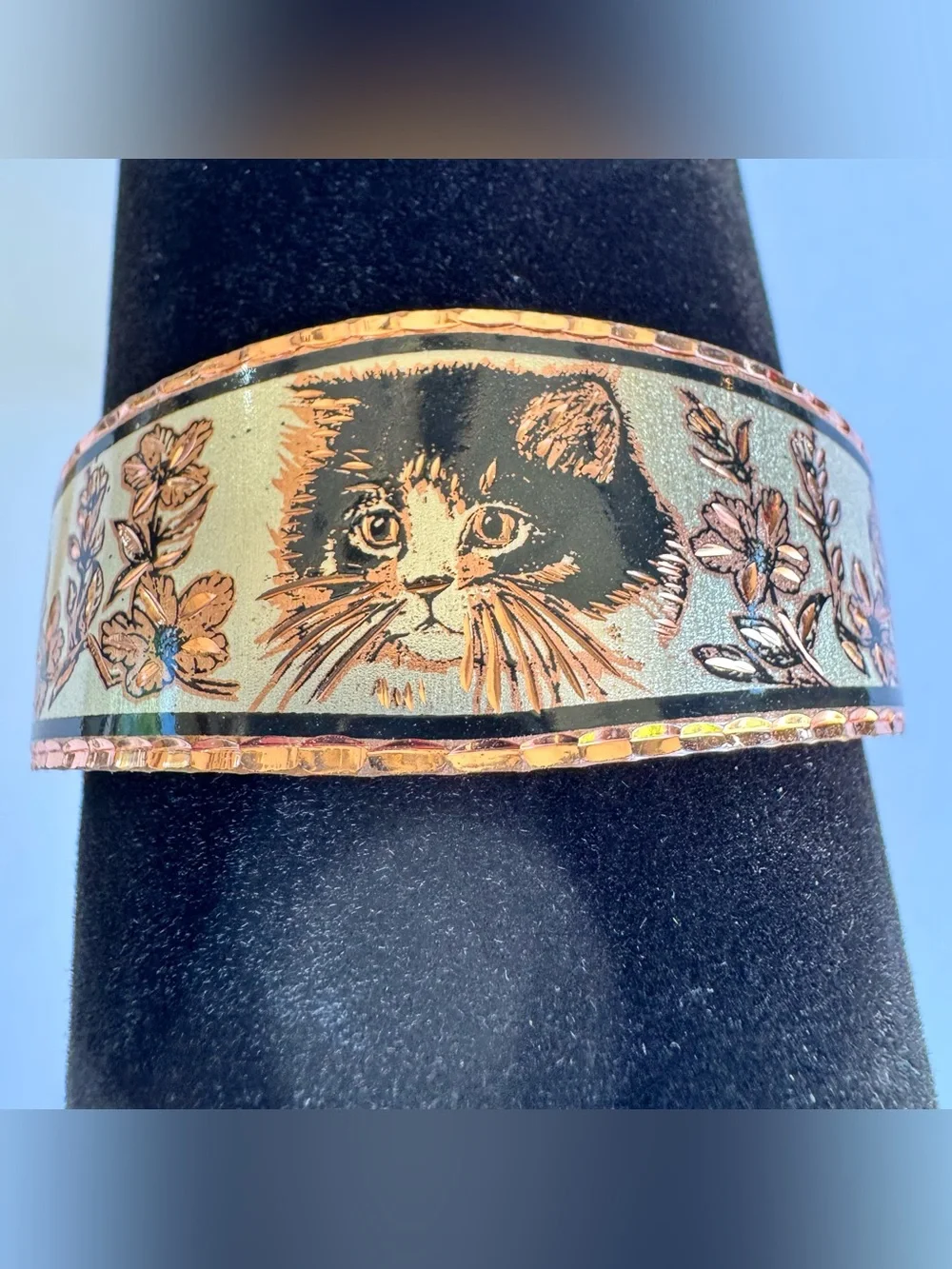 Copper Reflections Etched Kitty Cat Flower Cuff Bracelet